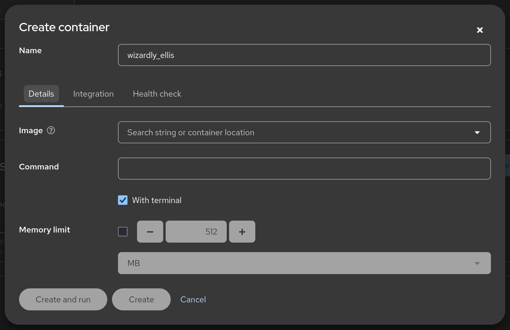 Container Creation Panel